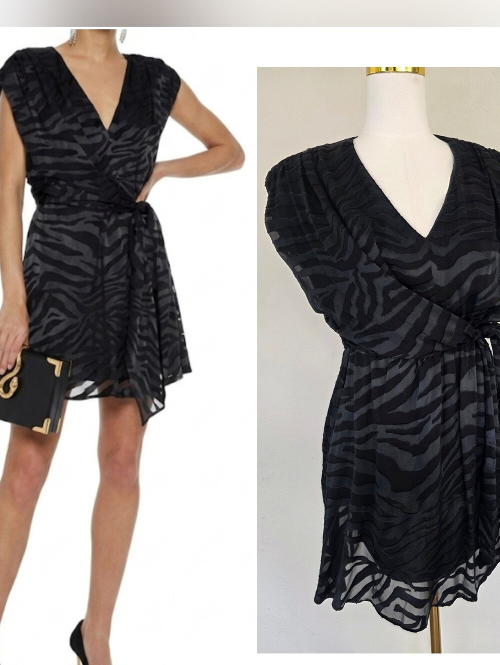 Alice + Olivia Black Burnout Satin Animal Print Ruched Wrap Mini Dress Size 0
